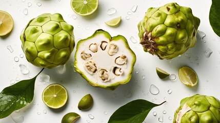 Wall Mural - Custard apple or sugar apple with slice and green leaf isolated on white background, exotic tropical Thai annona or cherimoya fruit, healthy food