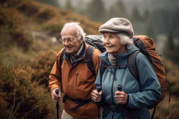 Senior couple trekking enjoying their retirement.  Composite with different elements made with generative AI