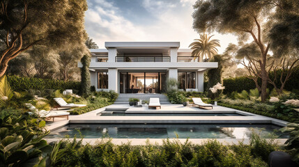 Wall Mural - An impressive image of a premium summer villa, blending contemporary architecture and chic outdoor spaces for the ultimate summer getaway