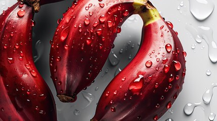 Wall Mural - ripe tropical tasty red bananas with water drops on white background. Close up