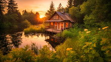 A Dreamy Image Of A Rustic Luxury Cabin In A Lush Forest, Overlooking A Tranquil Lake At Sunset