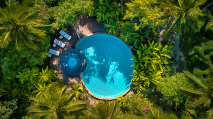 Wall Mural - A stunning aerial view of a luxurious private pool set in a lush tropical landscape, creating a serene and exclusive retreat