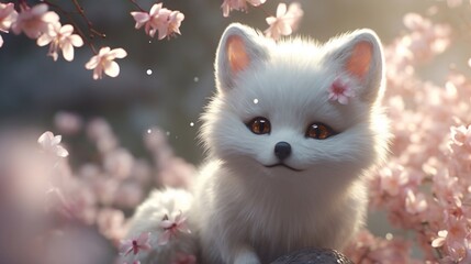 Cute and adorable little white fox cub. Generative AI.