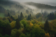 Dramatic Fog Over Green Forest And Dark Mood In The Mountains. Generative AI