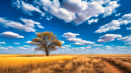 Wall Mural - A serene and calming scene featuring a solitary tree amidst golden fields under a cloud-speckled sky