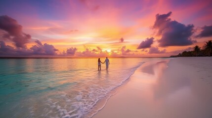 Wall Mural - Couple walk along the pristine white sand beach at sunset. Generative AI