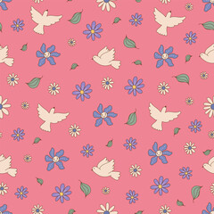  Vintage seamless pattern with white blue flowers, pigeon birds retro groovy background. Floral pattern for fashion, design prints, textile, fabric. Vector illustration in cartoon hand drawn style