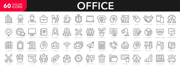 Wall Mural - Office line icons set. Office and workspace line icons set. Сhair, coffee, time, manager, workspace, computer, desk - stock vector.