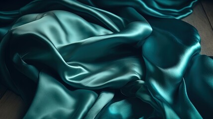Blue green silk satin. Soft wavy folds. Shiny silky fabric. Dark teal color elegant background with space for design. Curtain. Drapery. Christmas, valentine, anniversary, celebration