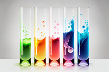 Close Up Of A Chemical Reactions In Test Tubes With Different Colored Substances Made With Generative AI