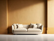 © Ann_ka - Elegant frontal interior in beige color with empty space on wall and furniture: sofa, pillow. Minimalist mock up room in apartment. Generative AI