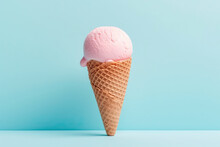 Strawberry Flavor Ice Cream On Light Blue Background. Generative AI