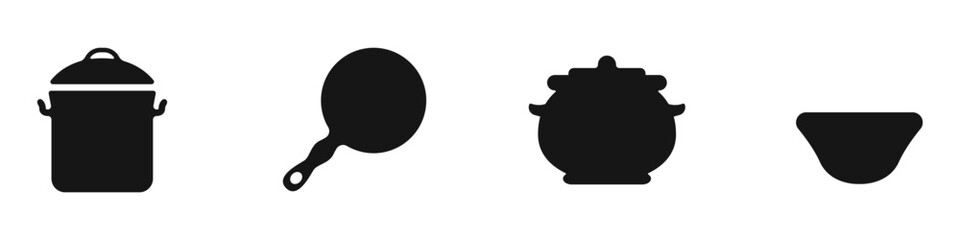 Poster - Pans vector set. Set of containers for the kitchen vector. Boiling containers vector. Steaming vector. Icons of kitchen jugs. Pots for baking.