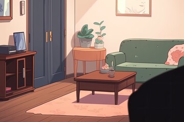 Poster - An empty white table is put inside with a blue recliner. Generative AI