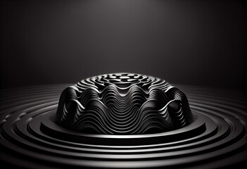 Ripple podium surface tech template, concentric waves sound effect black digital background, 3d rendering. Generative AI