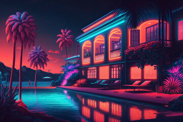 Fantasy hotel, neon colors. Generative AI.