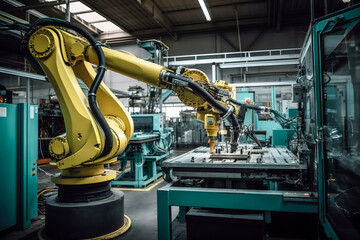 Poster - robotic arm working on assembly line in factory, industry 4.0 concept. Generative AI