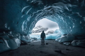 Wall Mural - silhouette of a person in a cave of ice created with Generative AI technology