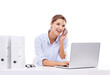Phone call, laptop and woman isolated on transparent, png background in business communication, typing and chat. Happy vision of professional person or secretary talk online, computer and office desk
