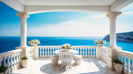 Wall Mural - A striking image of a lavish terrace with a spectacular ocean view, offering an idyllic summer sanctuary