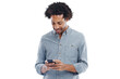 © Heyt/peopleimages.com - Phone, typing and happy man isolated on a transparent, png background for social media, mobile app or reading post. Internet, young and creative person with communication, networking or online search