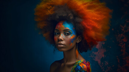 Black beauty woman with colorful afro hair. Cheerful carefree girl with bright makeup at festival. Afro hairstyle. Generative AI. 