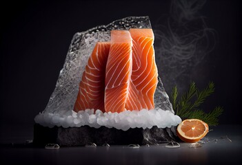 Wall Mural - Slices of raw salmon prepared on a black stone background,generative AI