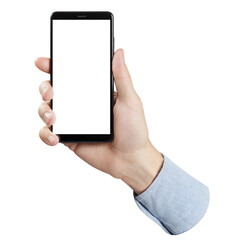 Wall Mural - Hand holding black smartphone with blank screen, cut out