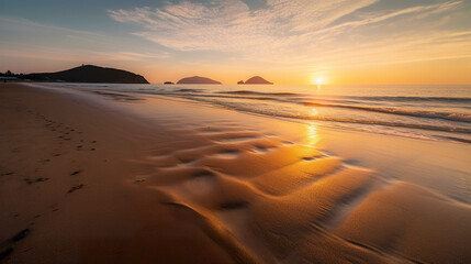 Poster - The sun is setting on the beach with footprints in the sand. AI generative image