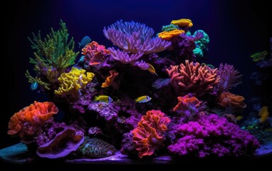 Beautiful jellyfish, medusa in the neon light with the fishes. Aquarium with blue jellyfish and lots of fish. Making an aquarium with corrals and ocean wildlife created with Generative AI technology