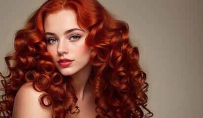 Redhead woman with healthy long and curly hair, generative ai image