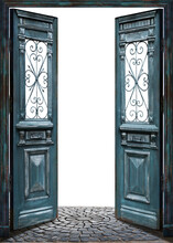 Opened Ancient Blue Doors On A Transparent Background With Wroughed Metal Parts