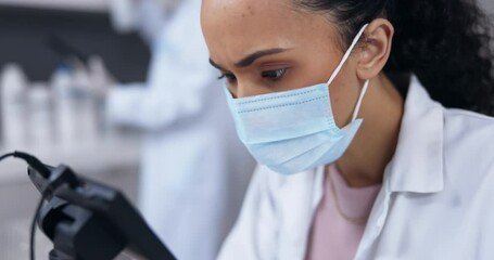 Poster - Covid, scientist and woman with laboratory equipment for research, experiment or analysis. Face mask, science and doctor or person with tools for medical testing, biotechnology or studying virus.