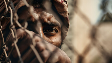 Sticker - All about modern slavery. A close up of a person behind a chain link fence. AI generative image