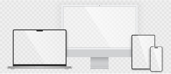Wall Mural - Realistic set computer, laptop, tablet and smartphone. Device screen mockup collection. Realistic mock up computer, laptop, tablet, phone with shadow- stock vector.