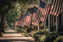 American Flags Lining The Streets Of A Small Town In Preparation For Memorial Day. Memorial Day Generative AI
