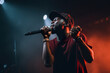 African rapper on stage rap, dynamic pose, hero angle, AI generative illustration