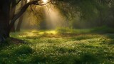 Fototapeta Niebo - Beautiful landscape of the sunlit forest glade, Generative AI