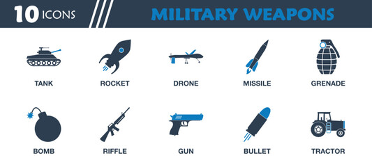 Military Weapon Icon Set. Collection of War Tank, Rocket, Drone, Missile, Grenade, Bomb, Gun, Bullet and More Icons. Editable Flat Vector Illustration.