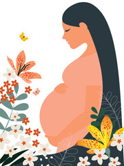 Wall Mural - Happy Mother's Day. A young pregnant woman in a pink dress is happy that she is expecting a baby. Vertical modern postcard on a white background with flowers. Vector.