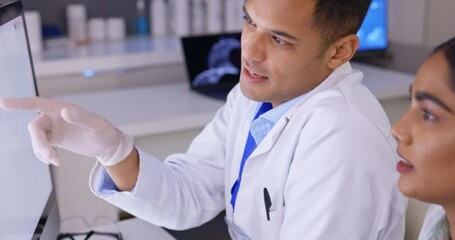Poster - Doctor, coaching and training intern on computer in healthcare, science or research at the laboratory. Man medical professional helping female employee with scientific data on desktop PC at the lab