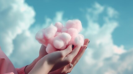 Canvas Print -  a person holding a pink substance in their hands in front of a blue sky with white clouds and a blue sky with white fluffy clouds.  generative ai