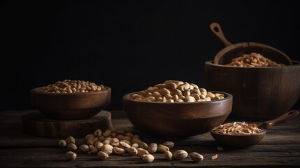  a wooden bowl filled with nuts next to two wooden bowls filled with nuts and a wooden spoon with a wooden handle on a wooden table.  generative ai