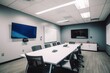 High-tech meeting room with video conferencing capabilities, interactive whiteboards, ergonomic chairs, and advanced audio-visual equipment - Generative AI