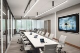 Fototapeta Przestrzenne - High-tech meeting room with video conferencing capabilities, interactive whiteboards, ergonomic chairs, and advanced audio-visual equipment - Generative AI
