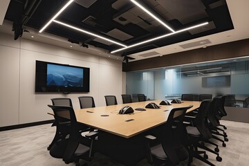 High-tech meeting room with video conferencing capabilities, interactive whiteboards, ergonomic chairs, and advanced audio-visual equipment - Generative AI