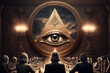 Illuminati meeting, all seeing eye pyramid, concept of secret societies, elite rulers, occultism and masonic conspiracies