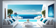 A Terrace With An Ocean View With A White Lounge By The Pool Generative AI