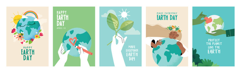 Wall Mural - Earth day poster set. Vector illustrations for graphic and web design, business presentation, marketing and print material.