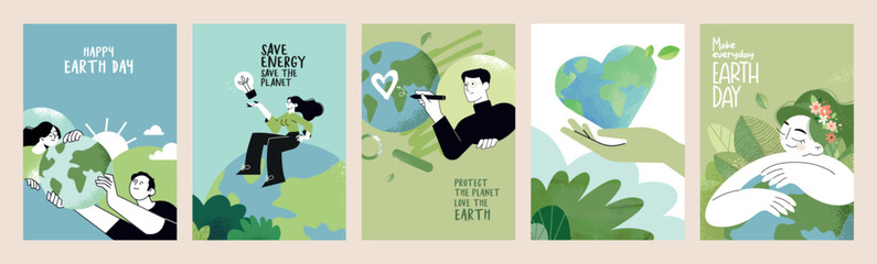Wall Mural - Earth day poster set. Vector illustrations for graphic and web design, business presentation, marketing and print material.